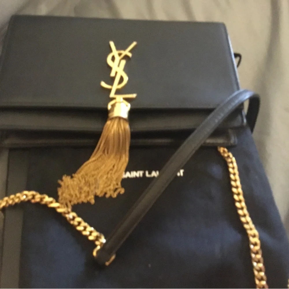 Saint Laurent Black Leather Monogram Tassel Crossbody with Gold Chain
